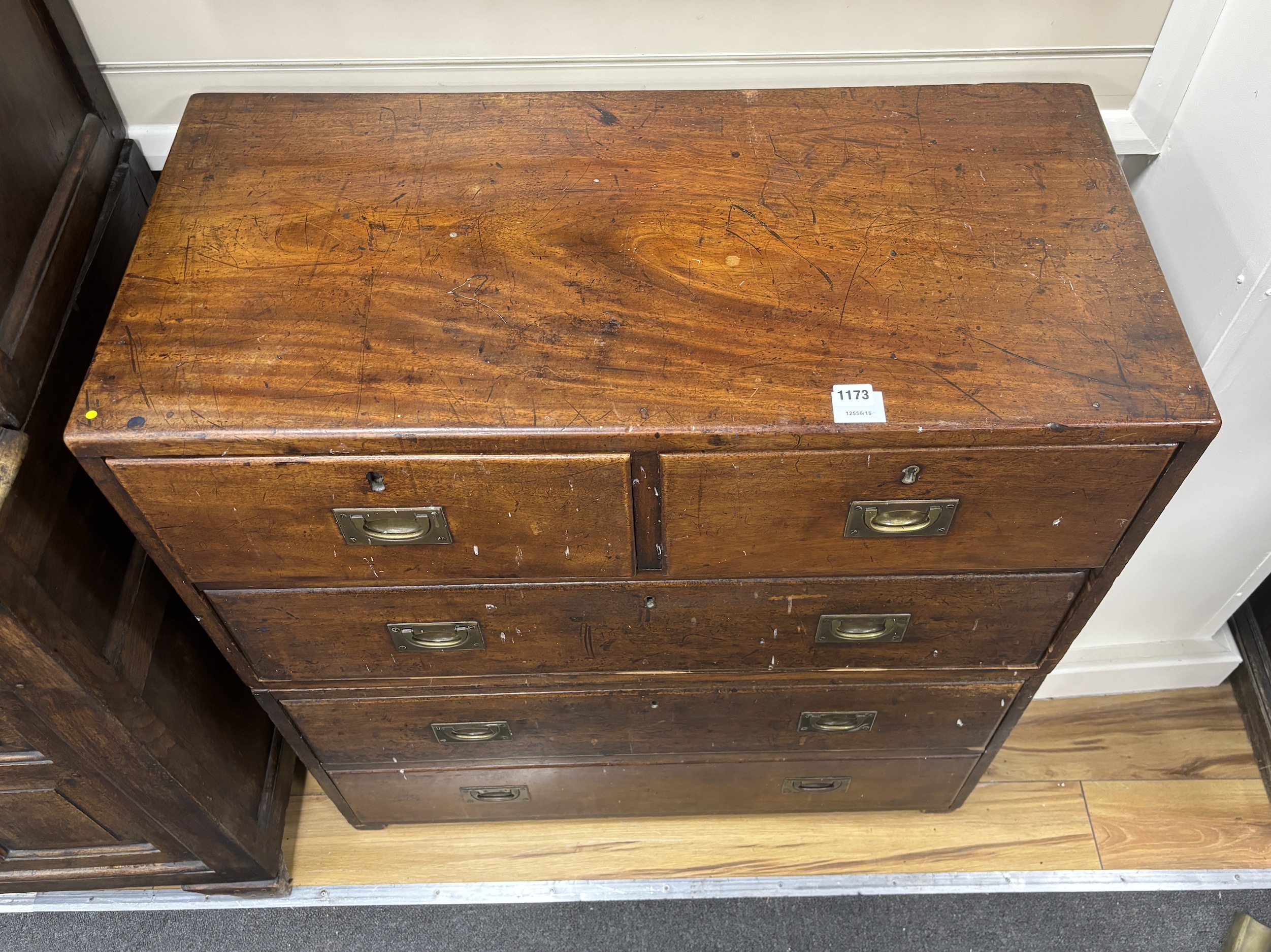 A 19th century mahogany two part military chest, width 91cm, depth 44cm, height 93cm